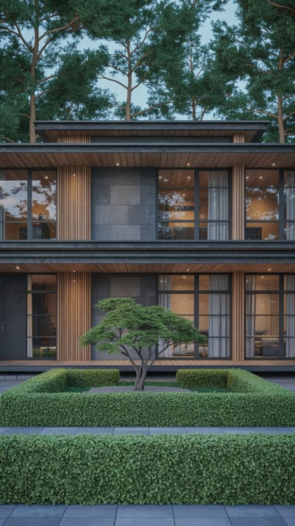 A multi-level house with a combination of wood and stone facades, large windows, and a central feature of a shaped tree within a manicured hedge rectangle, embodying luxury and japandi landscape design.