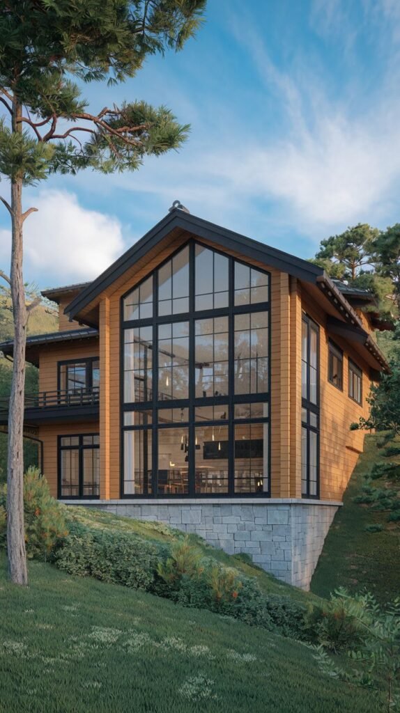 A multi-story house nestled on a slope, featuring extensive glass windows across the main facade, wooden siding, and stone detailing, surrounded by natural vegetation, conveying luxury and japandi integration with terrain.