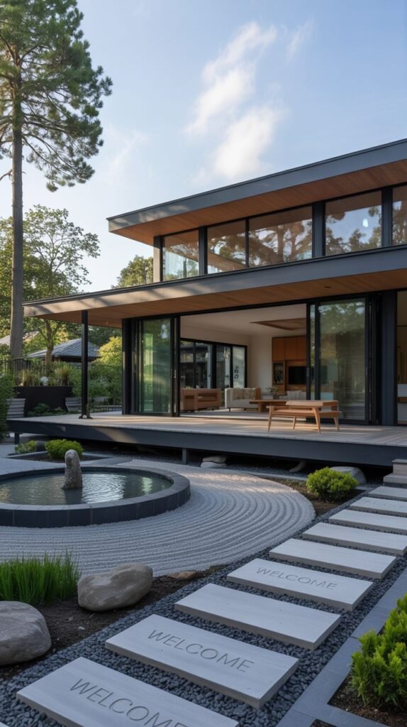 A modern house with sliding glass doors opening to a wide wooden deck, adjacent to a circular zen garden with a water feature and stepping stones, showcasing luxury and japandi outdoor living.