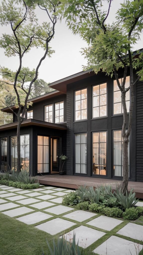A dark-colored house with striking large glass windows, a wooden deck, and a garden path made of square stepping stones set in grass and gravel, illustrating luxury and japandi material contrast.