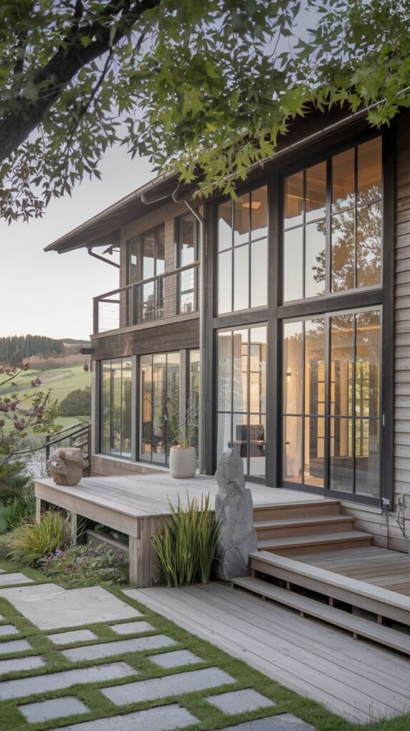 A multi-story house with large windows and a spacious wooden deck overlooking a landscape, embodying luxury and the japandi style with its natural materials and connection to the outdoors.