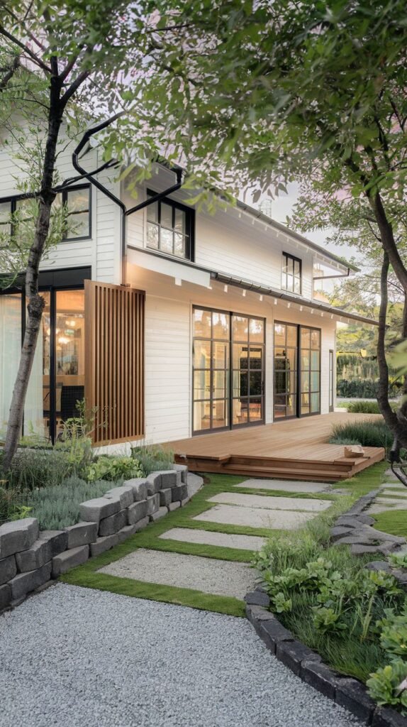 A white house with large glass doors opening onto a deck, surrounded by lush greenery and stone steps integrated into a gravel path, illustrating luxury and japandi influence.