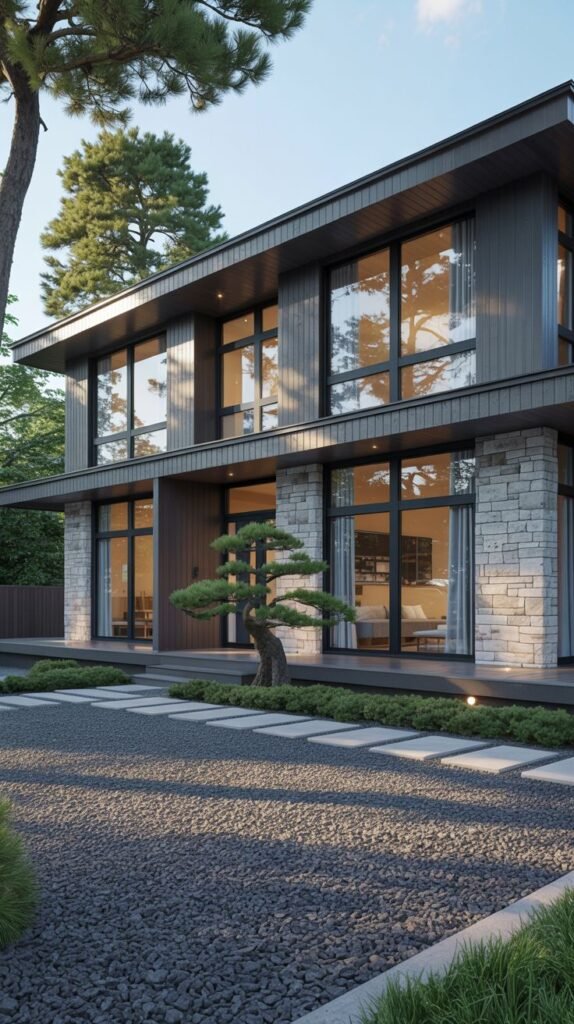 The front view of a multi-story house with striking stone cladding and wood accents, featuring large windows and a meticulously designed garden with a shaped tree, representing luxury and japandi style.