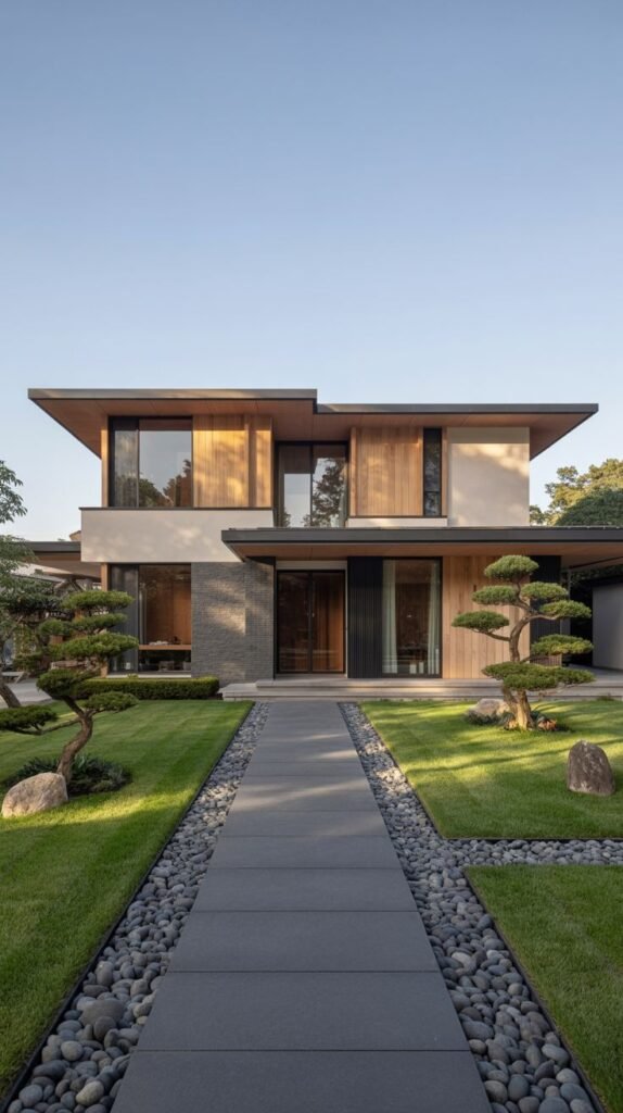A serene front view of a modern house with horizontal lines, set within a perfectly manicured lawn and a gravel garden with stepping stones and bonsai-style trees, highlighting luxury and japandi tranquility.