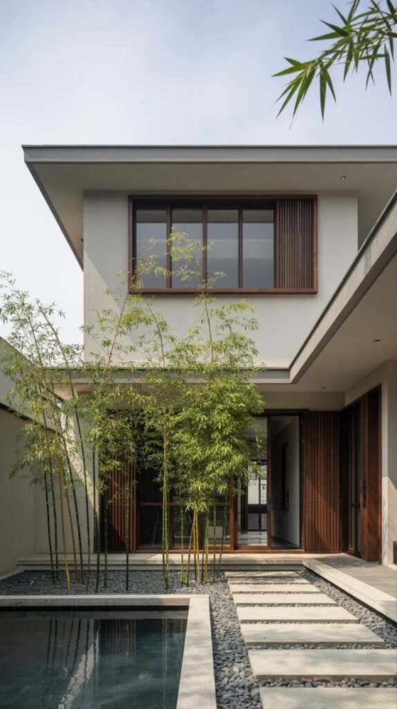 A close-up view of a modern house entrance featuring a tranquil pool with bamboo plants and stepping stones, demonstrating a harmonious blend of luxury and japandi design principles.
