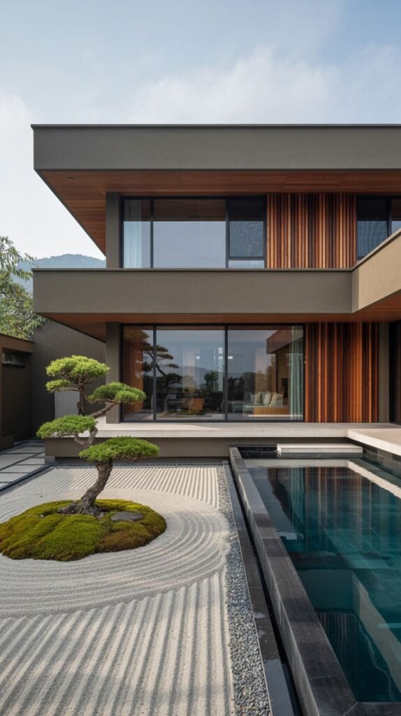 A side view of a modern house opening onto a wooden deck, with a striking rock garden featuring raked sand and a carefully shaped tree next to a swimming pool, epitomizing luxury and japandi aesthetics.