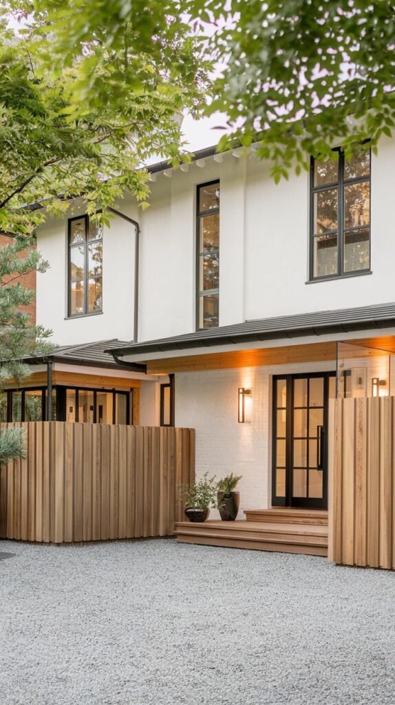 The side exterior of a white house with tall windows and a wooden fence providing privacy, with a wooden deck and potted plants, reflecting luxury and japandi simplicity.