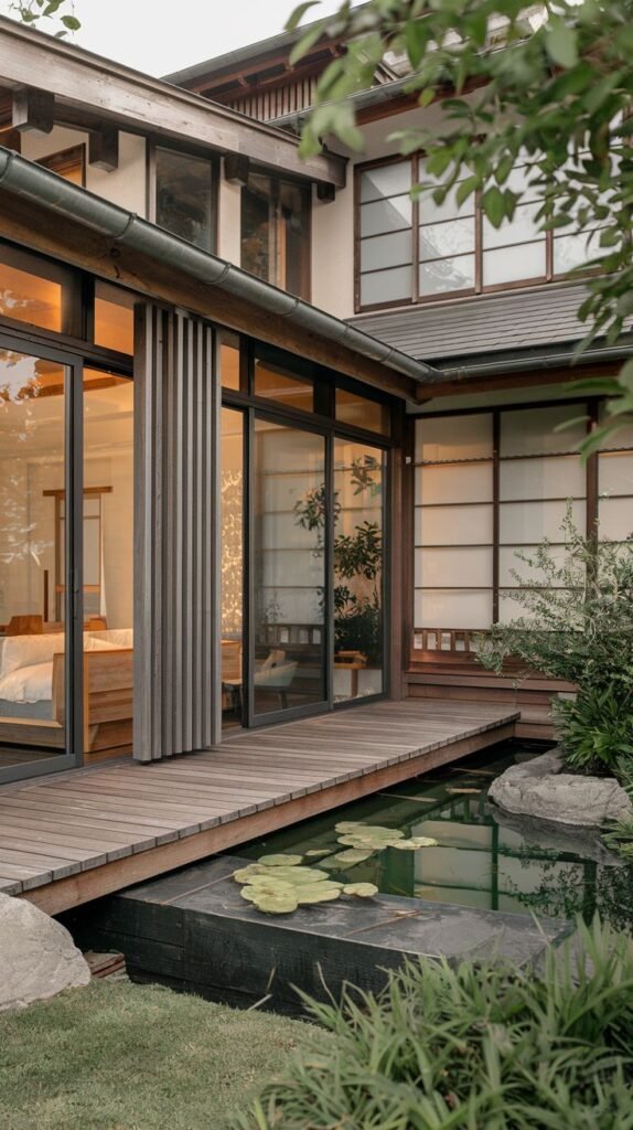 A house with traditional elements and large glass sliding doors opening onto a wooden deck over a pond with lily pads, showcasing the blend of luxury and japandi design.