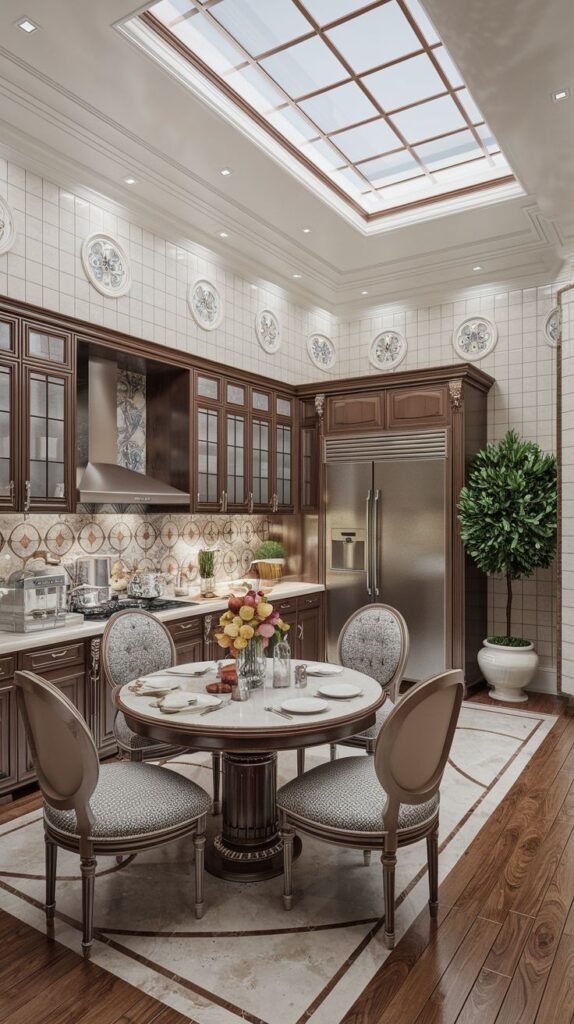 A cozy and warm Mansion Kitchen with dark wood cabinetry, a rectangular skylight, white tile walls with decorative blue and white accents, and a round dining table, creating a Majestic yet inviting atmosphere.