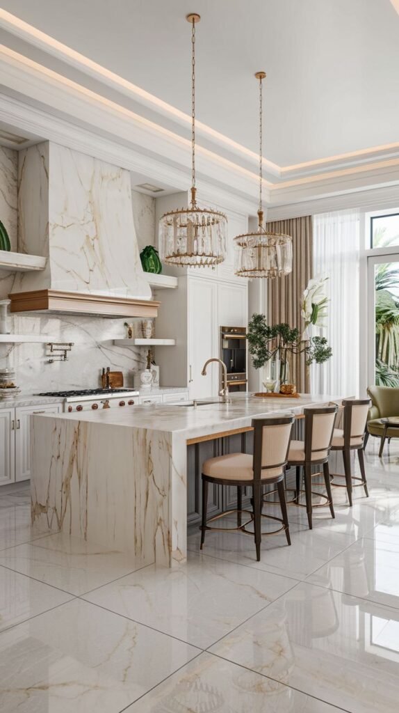A modern Majestic Kitchen centered on a large island with a dramatic marble waterfall countertop and backsplash, linear gold chandeliers, and polished marble flooring, creating a sleek and opulent Mansion kitchen.