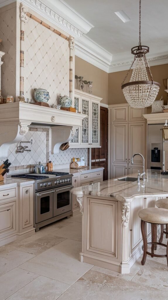 A classic Mansion Kitchen design with detailed light-colored cabinetry, an ornate range hood with decorative tile, a marble island, and a large crystal chandelier, providing a traditional Majestic kitchen setting.