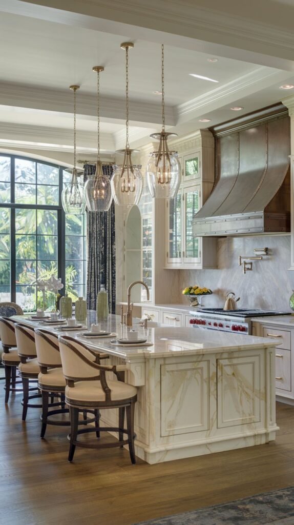 An elegant Mansion Kitchen distinguished by a large, textured copper range hood, a marble island with carved details, upholstered stools, and clear glass pendant lights, resulting in a unique and Majestic kitchen.