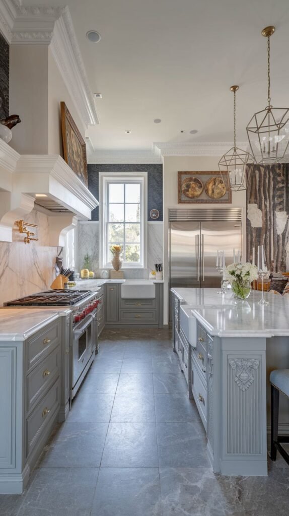 A grey-toned Majestic Mansion Kitchen featuring grey cabinetry, a large white marble island with a farmhouse sink, ornate carved details, geometric pendant lights, and large grey stone tile flooring, showcasing a stylish kitchen.