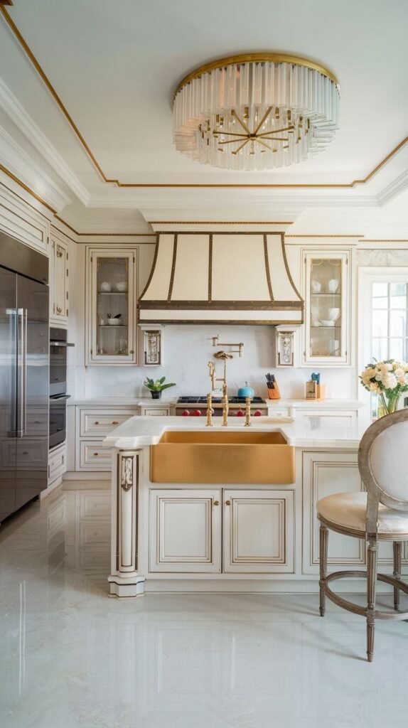 A bright white Mansion Kitchen highlighted by a striking gold-toned sink in the island, decorative gold trim, a large circular glass rod chandelier, and polished light-colored marble flooring, creating a Majestic kitchen space.