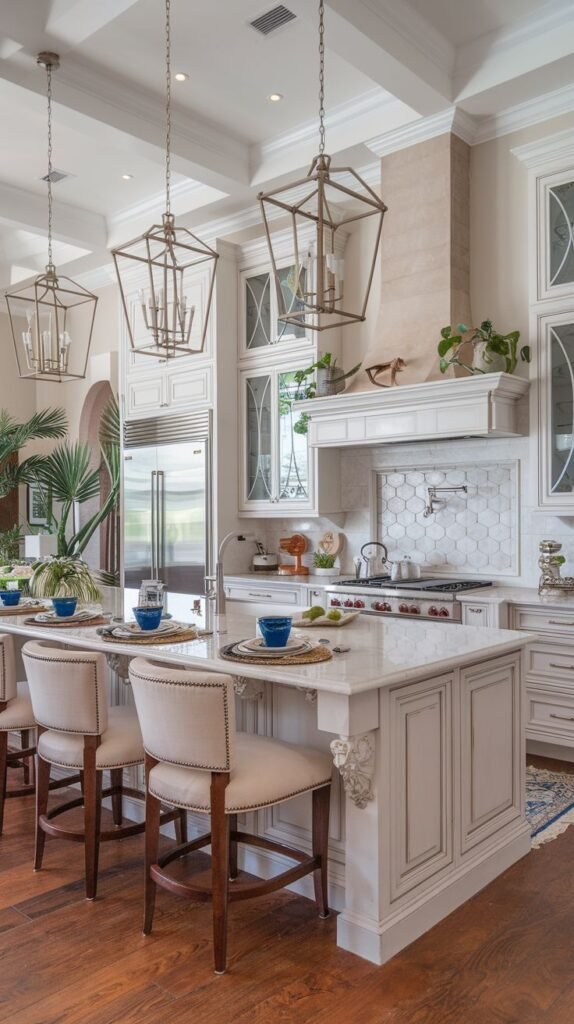 A spacious Mansion Kitchen designed with white cabinetry, a honeycomb tiled backsplash, decorative ceiling beams, and large lantern-style pendant lights over a marble island, offering a Majestic kitchen with ample seating.