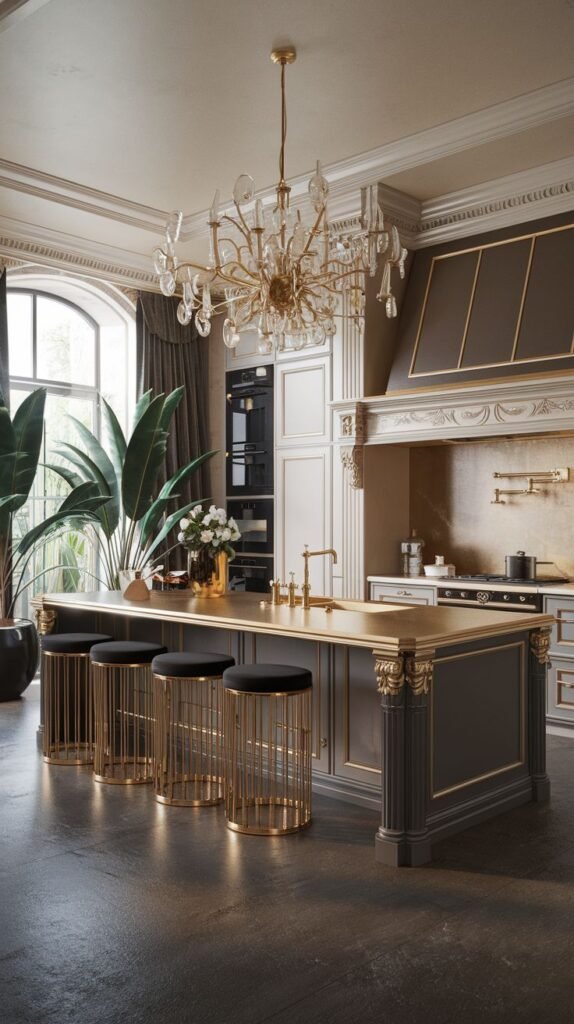 A bold Majestic Mansion Kitchen with a large island featuring a gold countertop and dark grey base with gold trim, gold bar stools, and an elaborate gold chandelier, presenting a high-contrast and Majestic kitchen.