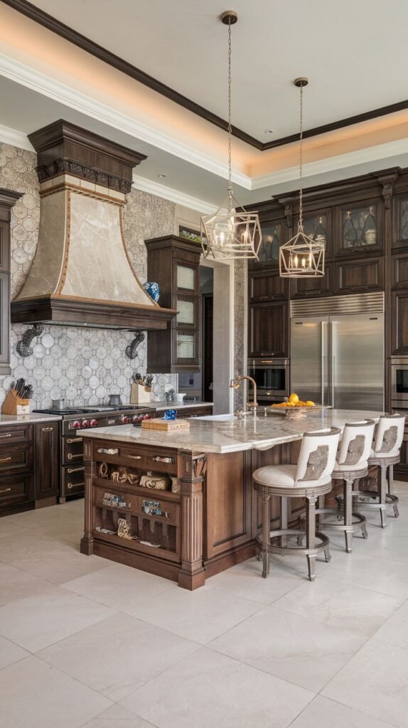 A warm Mansion Kitchen palette using dark wood cabinetry, a light marble island countertop with decorative carvings, geometric pendant lights, and intricate backsplash tile work, creating a Majestic and inviting kitchen.