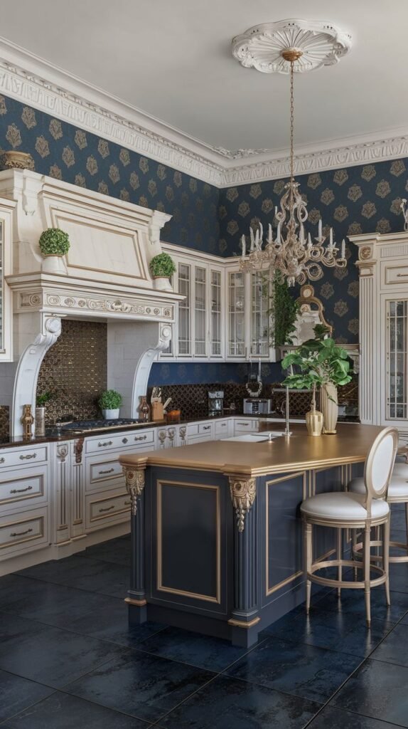 A luxurious Mansion Kitchen featuring a dramatic dark blue wall with gold patterned wallpaper, a dark blue island with gold trim and a light countertop, white cabinetry, and a crystal chandelier, showcasing a Majestic kitchen with rich patterns.