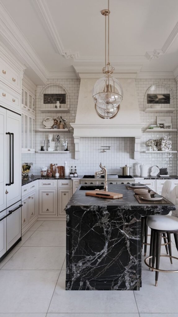 An elegant white Mansion Kitchen centered around a Majestic black marble island, featuring white subway tile backsplash, open shelving, and modern pendant lights, showcasing a sophisticated kitchen design.