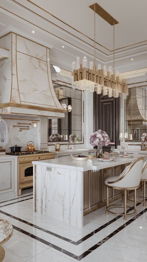 An opulent Majestic Mansion Kitchen with extensive use of marble featuring gold veining on the island, backsplash, and hood, a gold island base structure, a large rectangular glass rod chandelier, and highly polished marble flooring, creating a stunning kitchen.