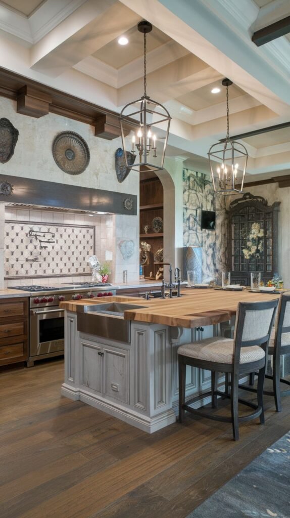 A rustic yet elegant Mansion Kitchen combining a stone wall, distressed wood island countertop with a farmhouse sink, carved details on the island base, lantern pendant lights, and wood flooring, providing a Majestic and characterful kitchen.