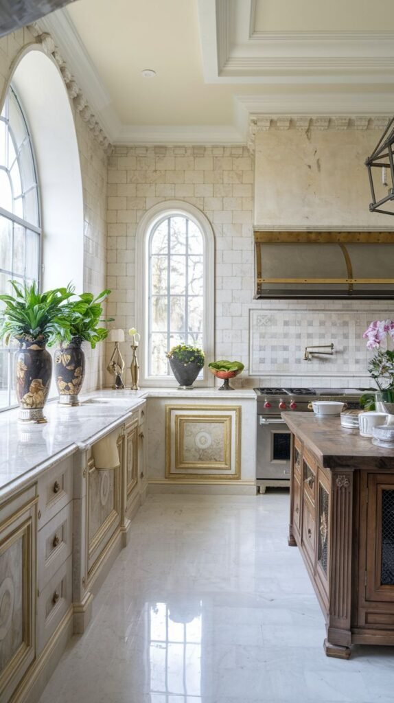 A traditional Mansion Kitchen brightened by multiple arched windows, white cabinetry with gold trim, marble countertops, and polished marble flooring, featuring a traditional wood island, creating a Majestic and well-lit kitchen.