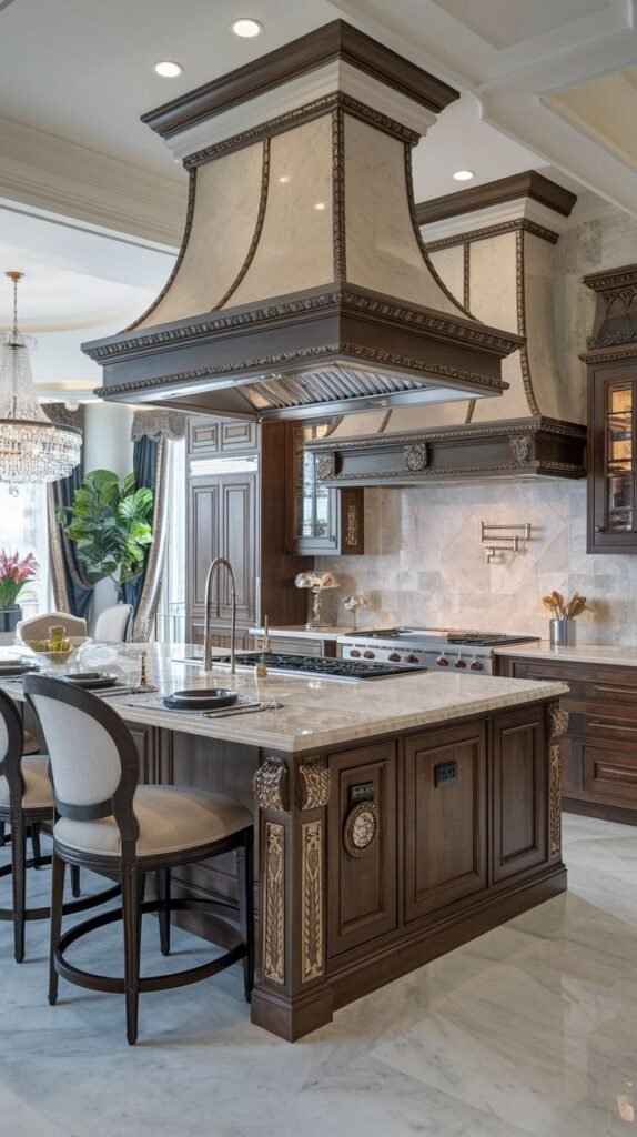 An ornate Mansion Kitchen featuring two large, highly detailed range hoods with dark wood and marble, a substantial island with decorative carvings and metal accents, and polished marble flooring, showcasing a Majestic kitchen centerpiece.
