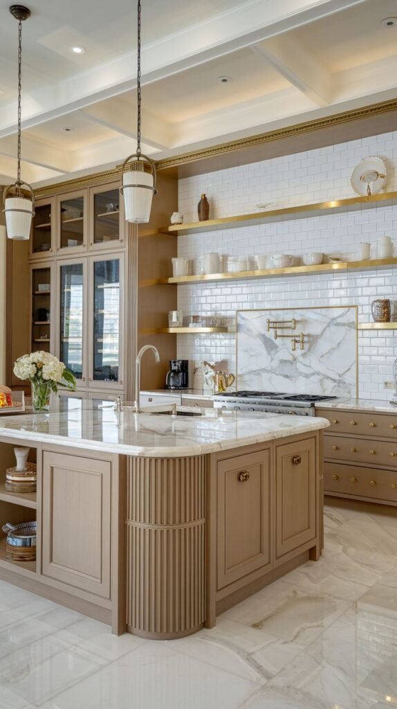 A bright Mansion Kitchen with light-colored wood cabinetry, a large marble island with decorative fluted paneling, open shelving with gold supports, white subway tile, and light-colored marble flooring, creating a Majestic and airy kitchen.