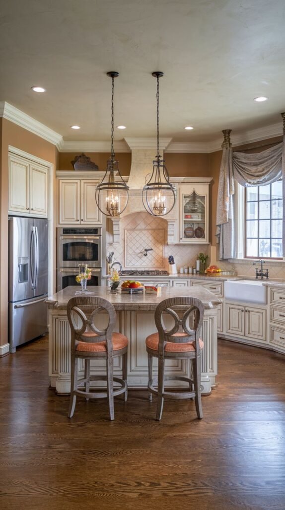 A cozy Mansion Kitchen with a rounded bay window dining area, an island with a marble countertop and unique curved back stools, light-colored cabinetry, stainless steel appliances, and dark wood flooring, presenting a Majestic and comfortable kitchen.