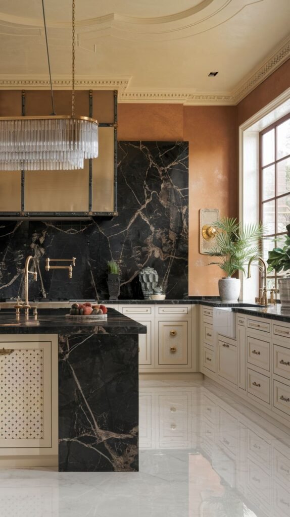 A dramatic Mansion Kitchen featuring bold black marble for the backsplash and island, striking orange walls, white cabinetry, and a long linear glass rod chandelier, creating a Majestic kitchen with strong visual impact.