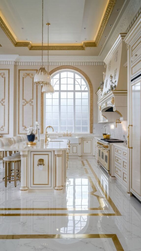 A Majestic Mansion Kitchen featuring a large white island with gold trim, marble flooring with gold stripes, and a grand arched window, highlighting opulent white and gold details typical of a luxury Mansion kitchen.