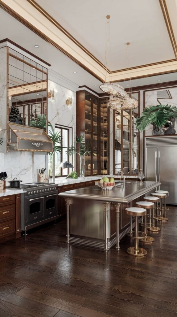 A grand Mansion Kitchen combining rich dark wood cabinetry with a large stainless steel island, mirrored backsplash, and ornate range hood, reflecting a Majestic kitchen space with striking material contrasts.