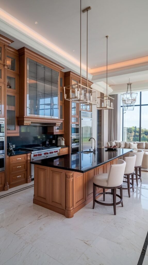 A luxurious Mansion Kitchen showcasing tall wood cabinetry, a large island with a black marble countertop, and elegant pendant lights and chandeliers, providing a Majestic kitchen setting with expansive windows.