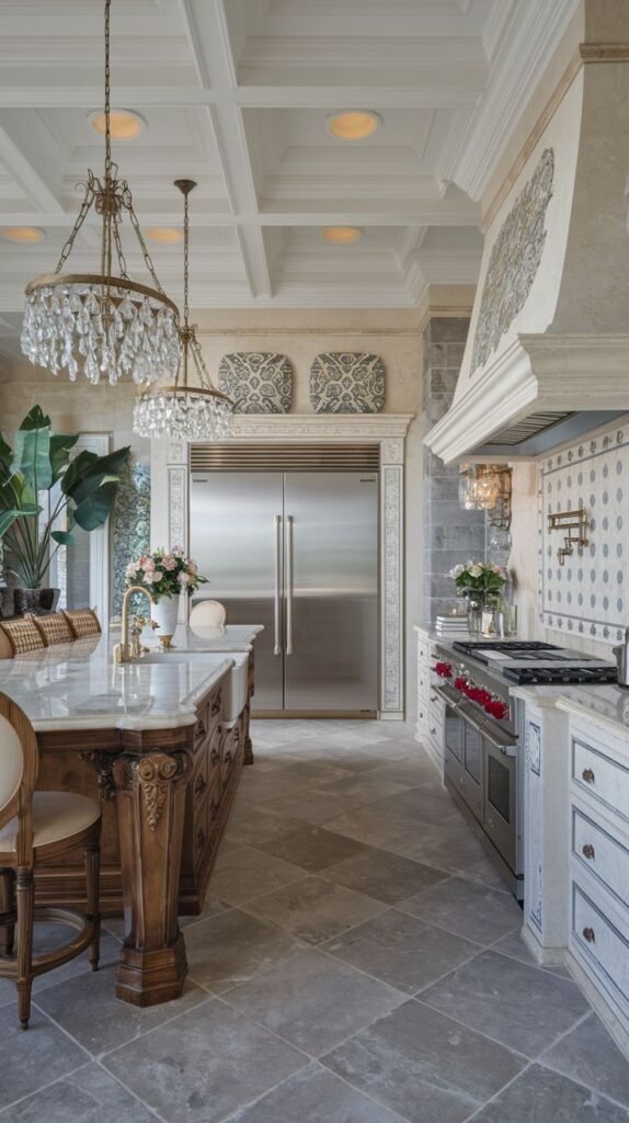 An ornate Mansion Kitchen featuring a detailed coffer ceiling, carved wood island, decorative tile backsplash, and crystal chandeliers, creating a truly Majestic kitchen environment with built-in appliances.