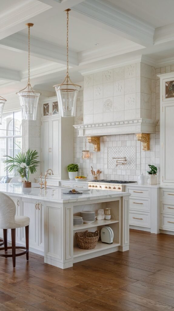 A bright white Mansion Kitchen with white cabinetry, extensive white subway tile, gold hardware and shelving brackets, and a large island with open storage, presenting a Majestic and airy kitchen design.