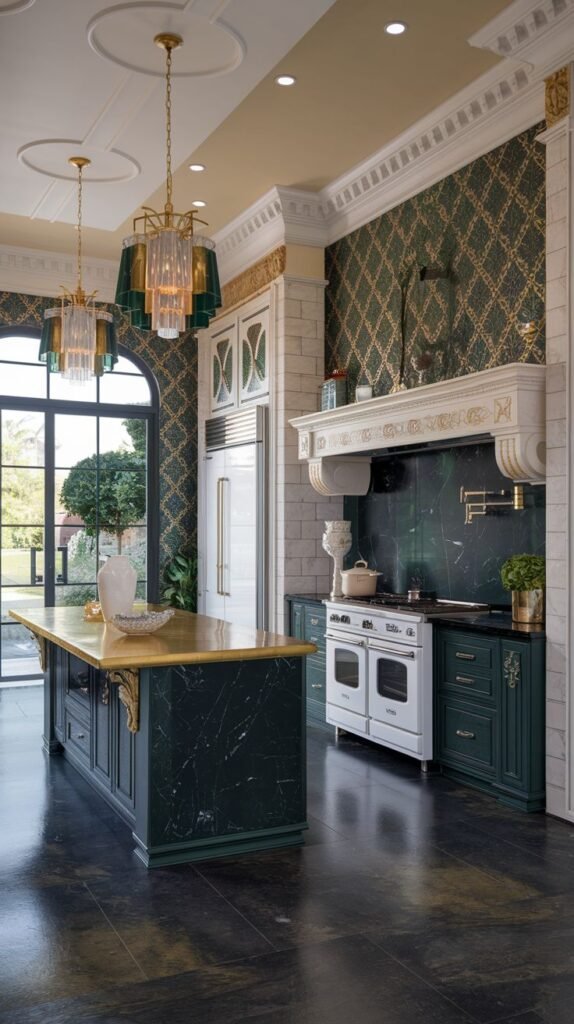 A dramatic Mansion Kitchen using dark green marble for the backsplash and island, bold green and gold patterned wallpaper, white cabinetry, and unique light fixtures, embodying a Majestic kitchen with rich colors and textures.