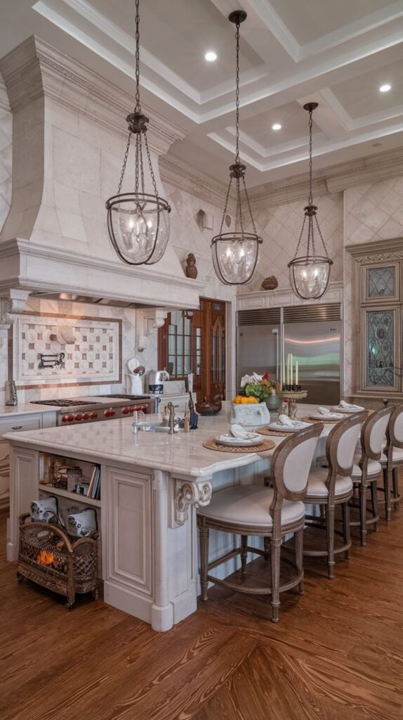 A rustic yet elegant Mansion Kitchen with herringbone wood flooring, a large marble island with carved details, various tiled backsplash patterns, and spherical pendant lights, offering a warm and Majestic kitchen feel.
