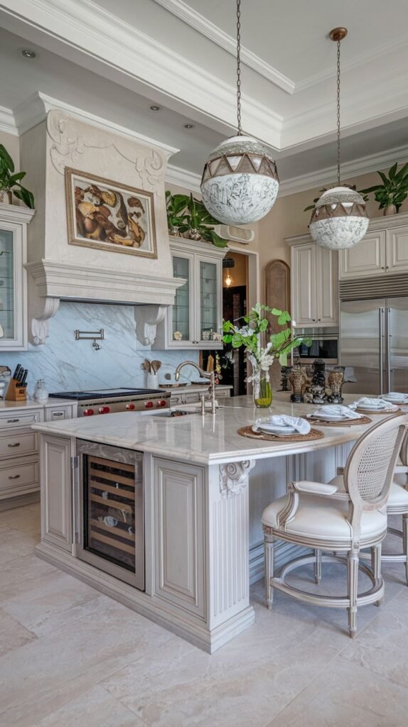 A sophisticated Mansion Kitchen featuring a built-in wine fridge in the island, white cabinetry with glass fronts, intricate global design pendant lights, and marble flooring, demonstrating a Majestic kitchen tailored for entertaining.