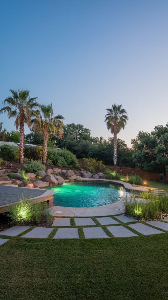 A kidney-shaped pool is set into a landscaped hill with large rocks and greenery. Tall palm trees are visible behind the pool, and stepping stones are laid across a grassy area leading away from the pool. The sky above is a gradient from blue to purple, suggesting twilight or early morning.