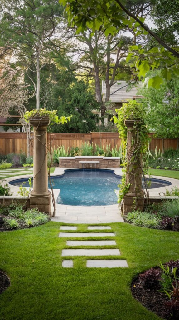 A rectangular pool with a curved end features a waterfall cascading from a stone wall. The pool is framed by two stone columns covered in vines. A pathway of rectangular stepping stones set in grass leads towards the pool. Trees and a wooden fence are in the background.