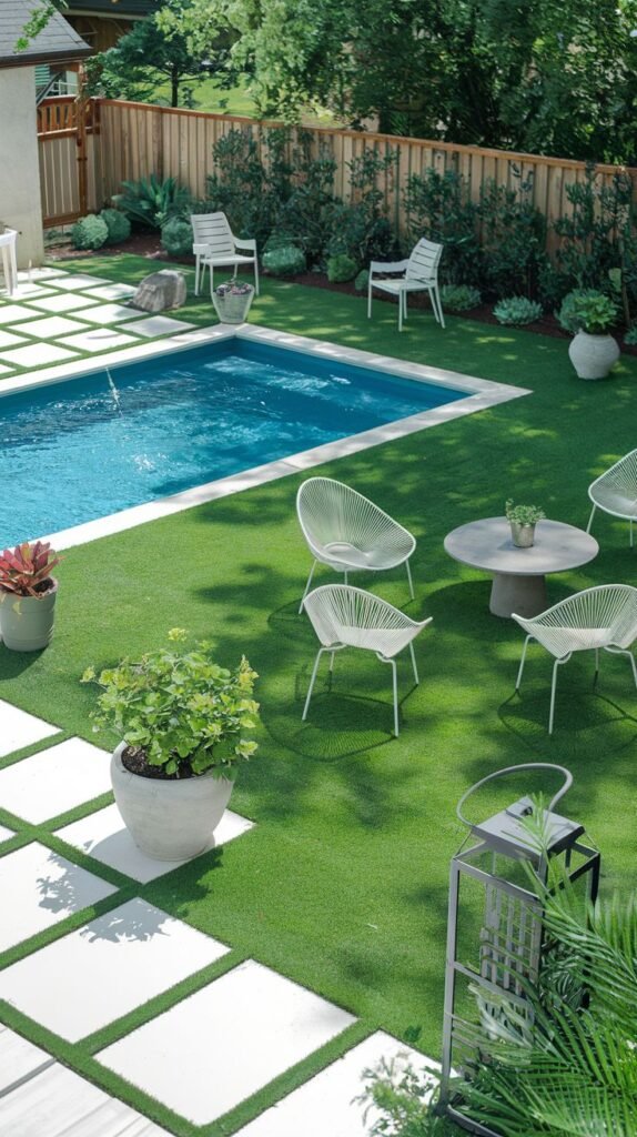 A square pool is set within a landscaped area featuring artificial turf and square white stepping stones. White wire outdoor chairs and a round table are arranged on the turf. Potted plants add splashes of color, and a wooden fence encloses the yard.