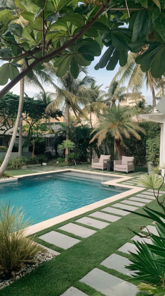 A rectangular pool with white coping is set in a tropical-looking backyard. Square grey stepping stones are placed in the grass leading away from the pool. Palm trees and lush green foliage surround the pool area. Two outdoor chairs are visible in the background.