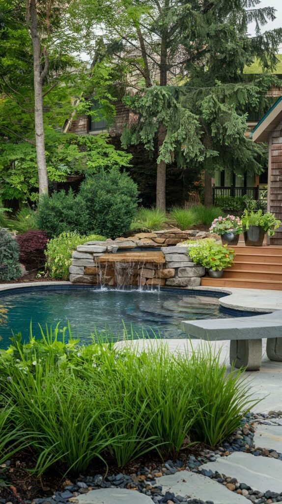 A pool with a natural stone waterfall is surrounded by lush greenery and trees. A wooden deck is visible to the right, with steps leading up and potted plants placed on the deck. Stone stepping areas are in the foreground, next to green plants.