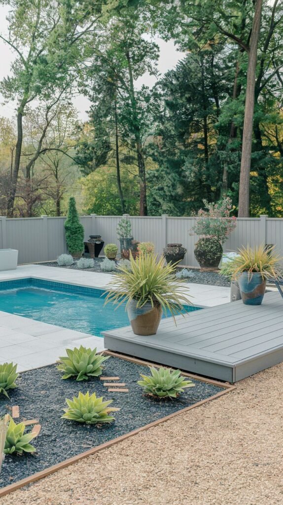 A rectangular pool with light grey coping is next to a grey wooden deck. The surrounding area features light-colored gravel, black mulch with agave plants, and various potted plants on the deck and near a fence. Trees are visible in the background.