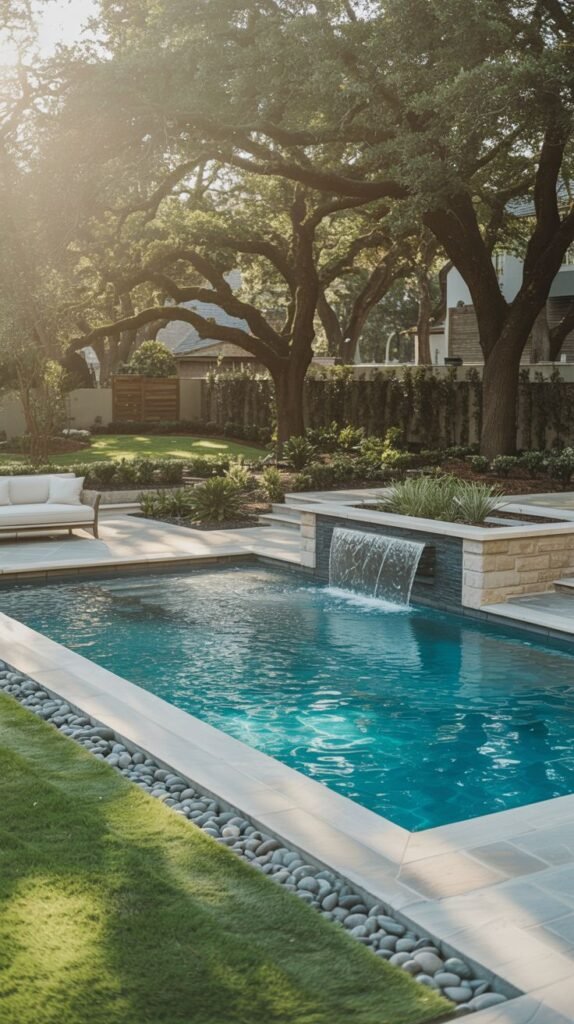 A rectangular pool features a raised stone wall with a waterfall spilling into the pool. The pool is bordered by light-colored coping and a strip of grey river stones. A patio area with seating is visible behind the pool. Large, mature trees provide shade in the background.