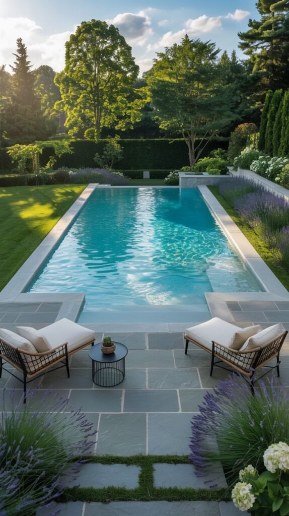 A long, rectangular pool is set in a manicured garden. The pool is bordered by light stone coping and a patio area with two lounge chairs and a small table. Lavender plants line the patio edges, and hedges and trees form the background.
