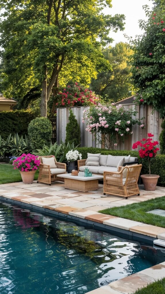 A rectangular pool is bordered by tan stone coping and a patio area with outdoor wicker furniture, including two chairs and a sofa around a coffee table. The background features lush trees, a wooden fence, and flowering bushes with pink and red blooms.