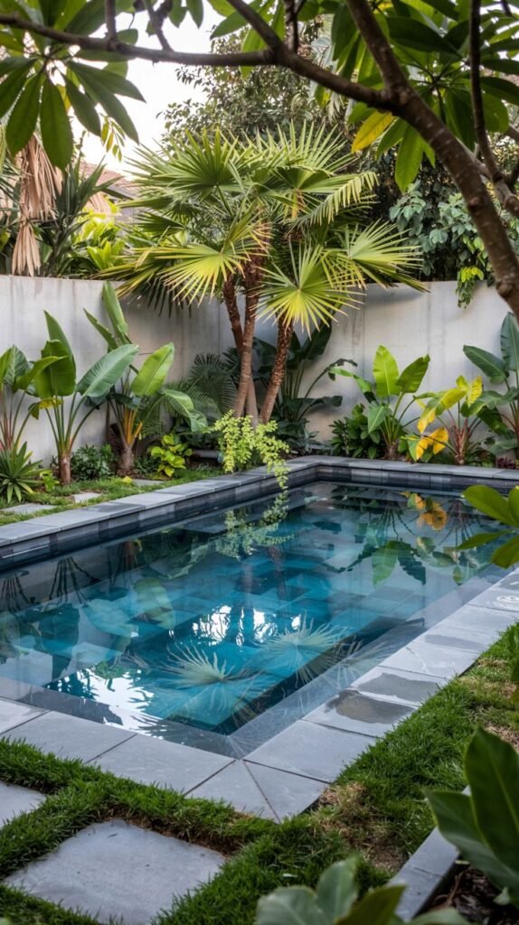 A small, rectangular pool with dark blue tiles and a palm tree pattern on the floor is surrounded by grey stone coping and tropical plants including palm trees and large-leaved bushes. Green grass squares are set into a stone border around the pool.