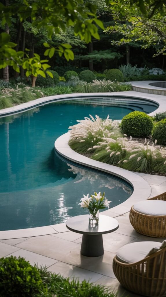 A freeform pool with curved edges is surrounded by light-colored patio stones. Ornamental grasses with feathery white tops are planted around the pool edge, along with green bushes. A small table with a vase of white flowers and two wicker stools with cushions are in the foreground.