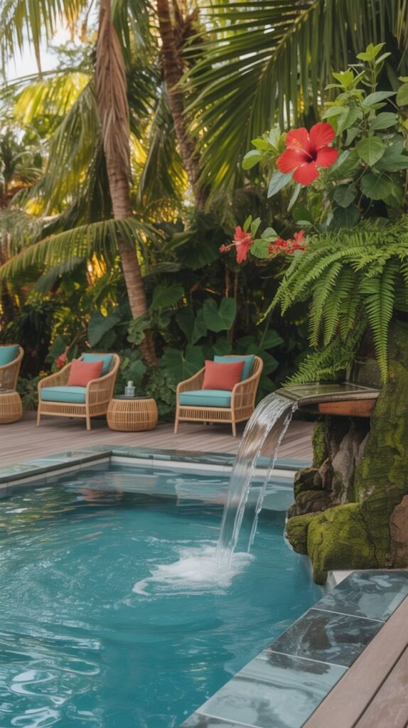 A pool with a small rock waterfall is set next to a wooden deck. Two wicker chairs with teal cushions are visible on the deck. Lush tropical plants, including palm trees and large green leaves, surround the area. A red hibiscus flower is prominent in the foreground.